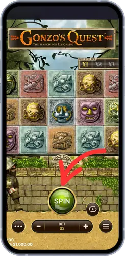 Pantalla del juego Gonzo Quest con botón de giro
